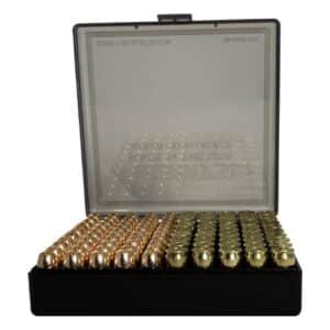 thumbnail interactive-video image 1 of Berry's 38/357 Ammo Boxes – 100-Round Plastic Holder (Clear/Black) – Buy 3 Get 1 Free – Made In USA 1 of 2